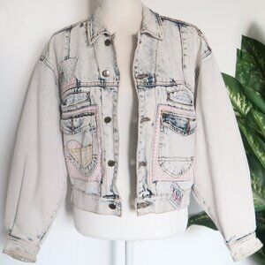Rare Vintage 80s Get Name Used by Elie Cropped Denim Jacket Patchwork Distressed